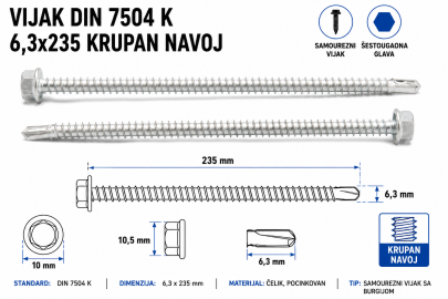VIJAK DIN 7504 K 6,3x235 KRUPAN NAVOJ